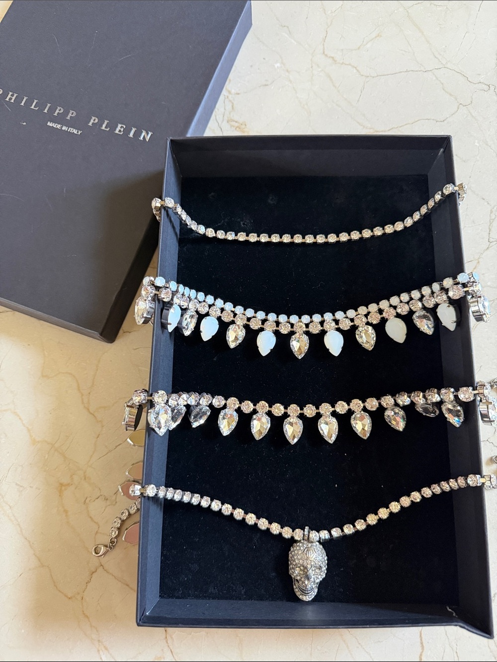Philipp Plein set of 4 Silver Crystal Choker/ Necklaces  - Clear Crystal